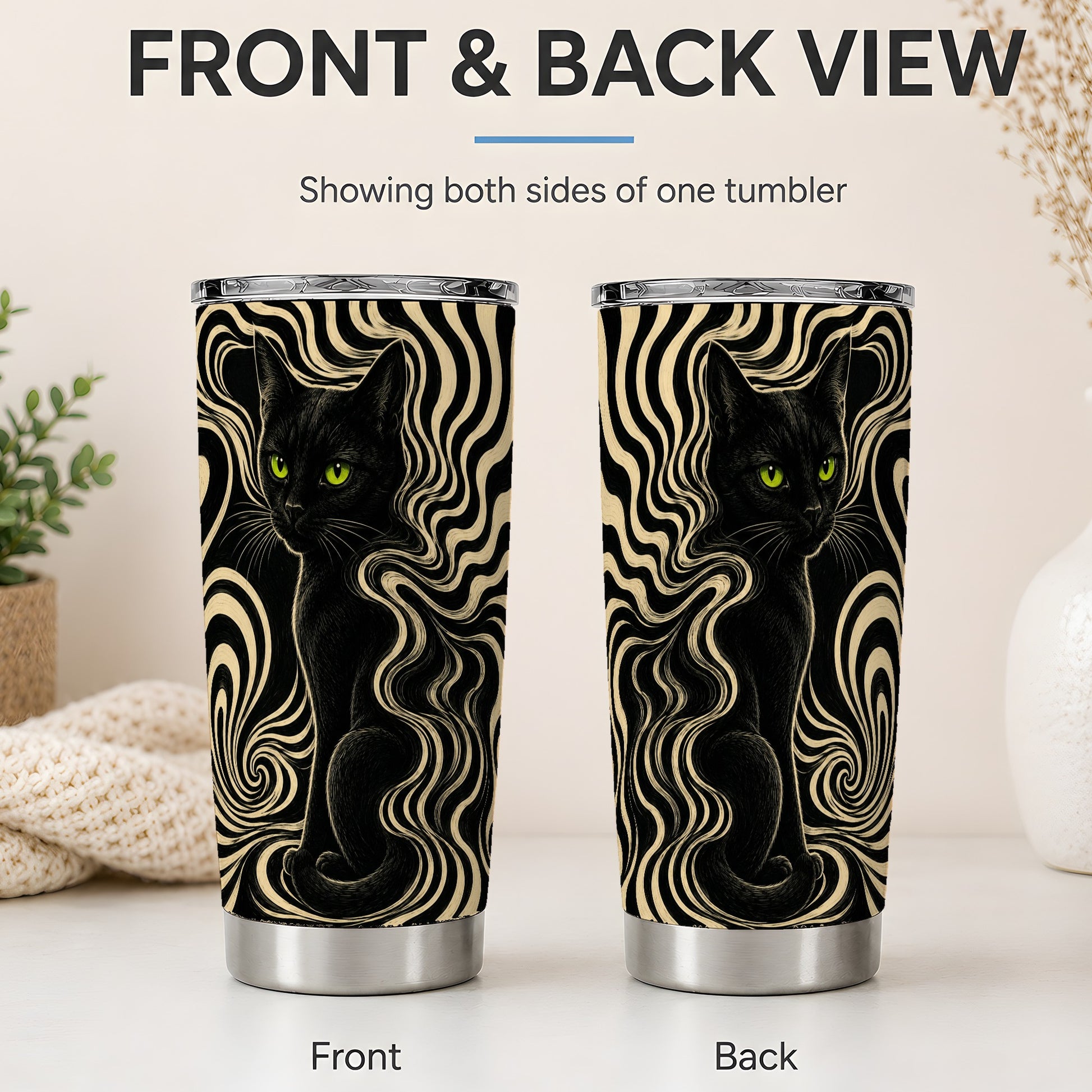 #pl[20oz|Steel] Black Cat Swirl 20oz Tumbler, Green Eye Optical Art for Cat Lovers