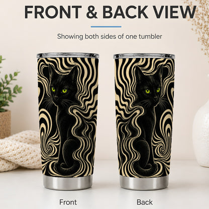 #pl[20oz|Steel] Black Cat Swirl 20oz Tumbler, Green Eye Optical Art for Cat Lovers