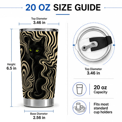 #pl[20oz|Steel] Black Cat Swirl 20oz Tumbler, Green Eye Optical Art for Cat Lovers