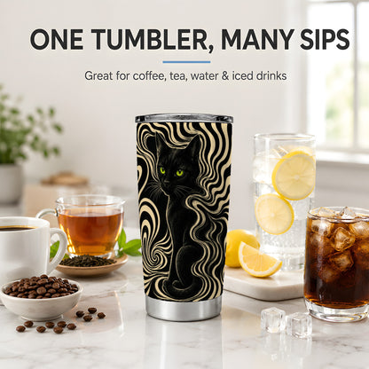 #pl[20oz|Steel] Black Cat Swirl 20oz Tumbler, Green Eye Optical Art for Cat Lovers