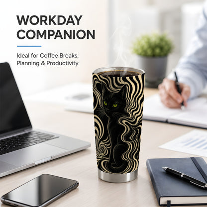 #pl[20oz|Steel] Black Cat Swirl 20oz Tumbler, Green Eye Optical Art for Cat Lovers