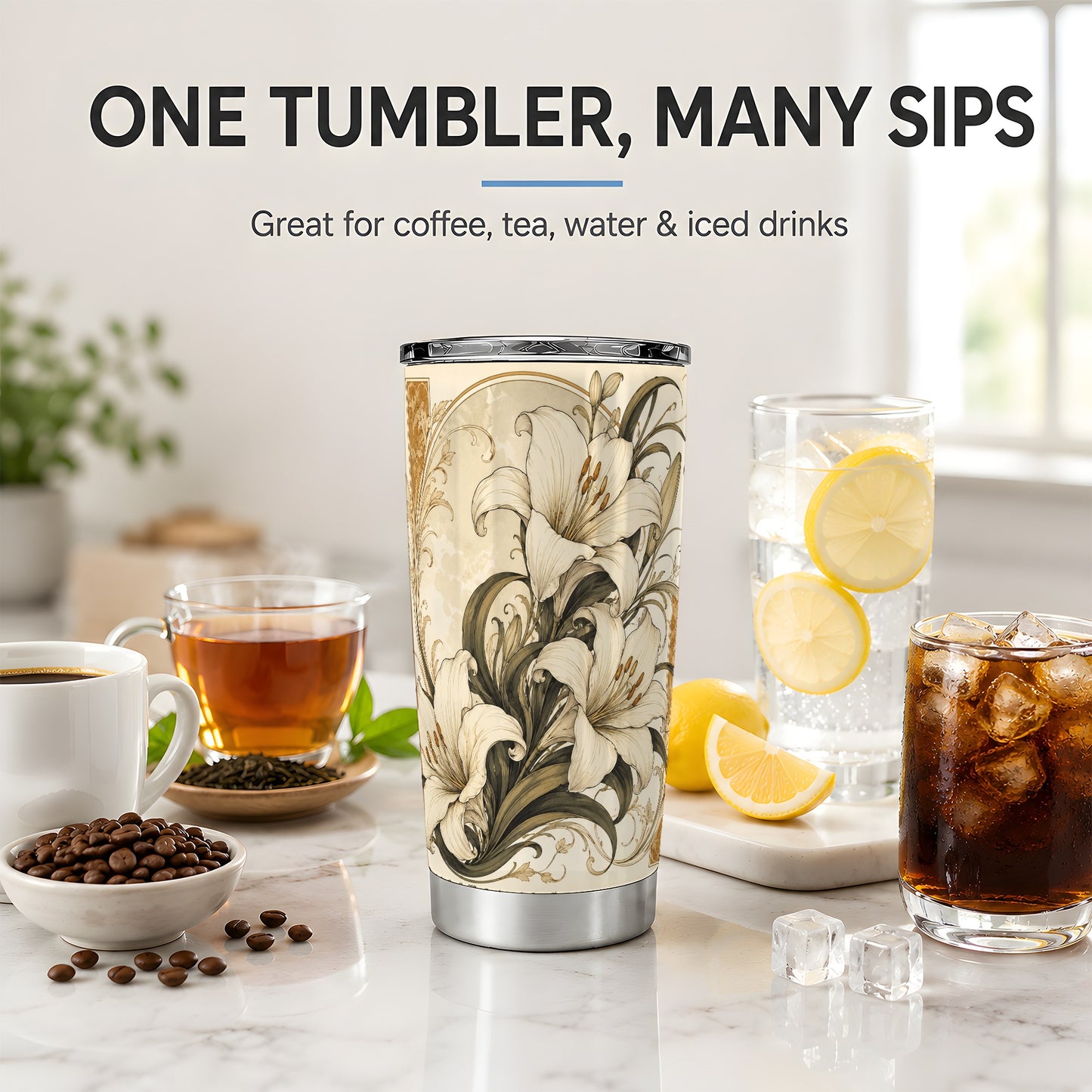 #pl[20oz|Steel] Vintage Lily 20oz Tumbler, Art Nouveau Floral Design for Flower Fans