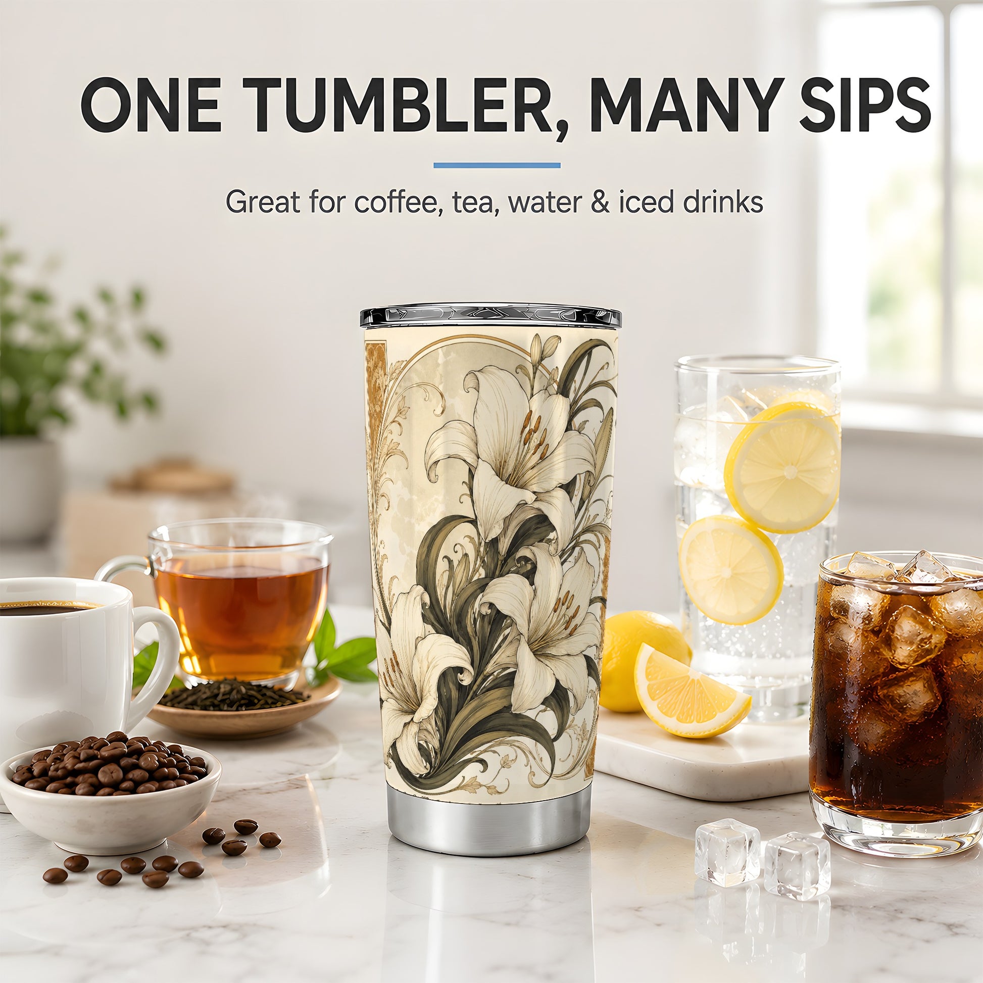 #pl[20oz|Steel] Vintage Lily 20oz Tumbler, Art Nouveau Floral Design for Flower Fans