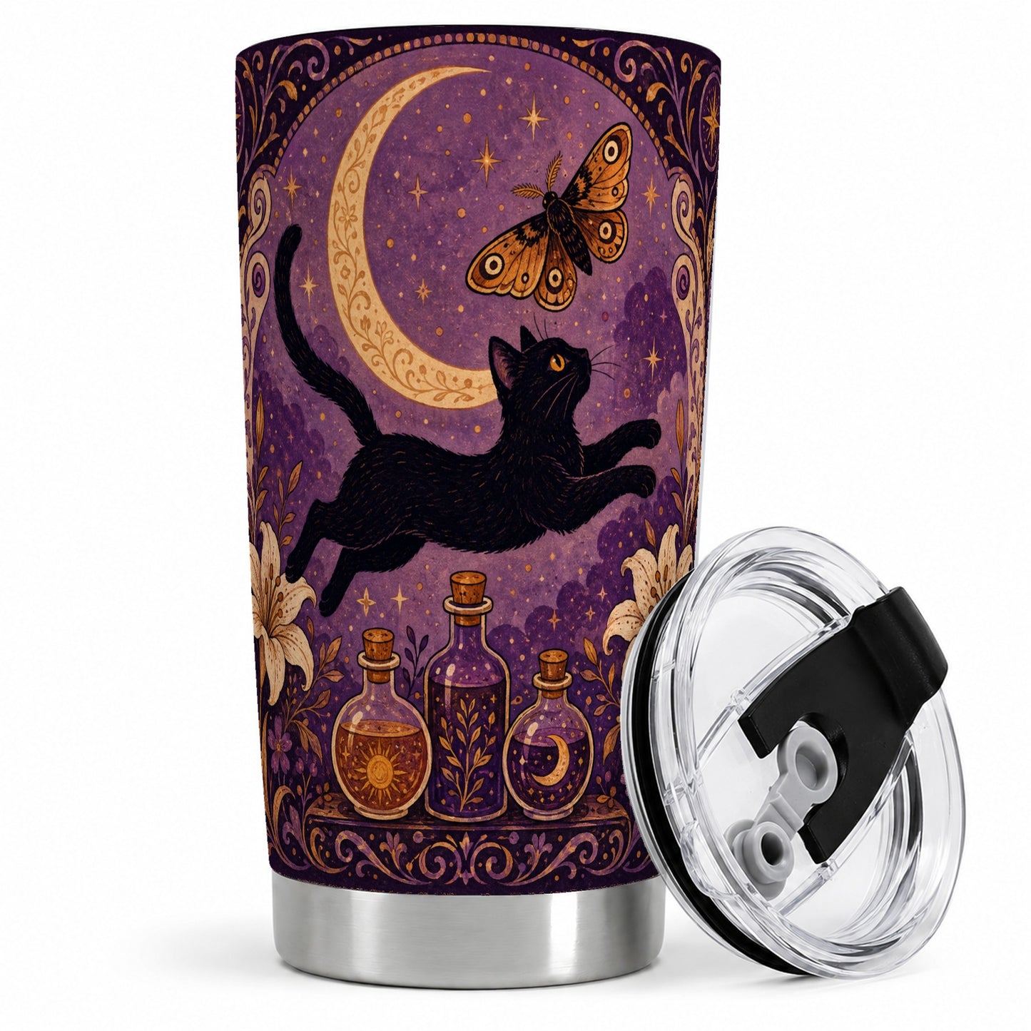 Witchy Black Cat 20oz Tumbler, Celestial Moon Moth Art for Cat Fans