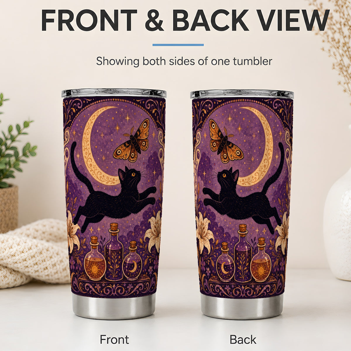 #pl[20oz|Steel] Witchy Black Cat 20oz Tumbler, Celestial Moon Moth Art for Cat Fans