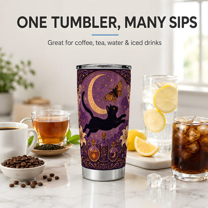 #pl[20oz|Steel] Witchy Black Cat 20oz Tumbler, Celestial Moon Moth Art for Cat Fans