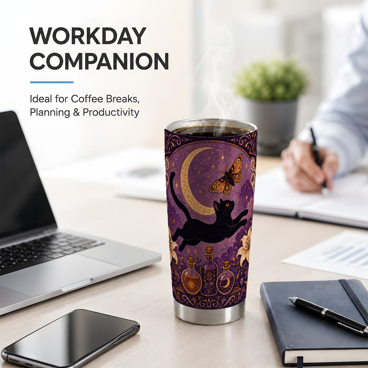 #pl[20oz|Steel] Witchy Black Cat 20oz Tumbler, Celestial Moon Moth Art for Cat Fans