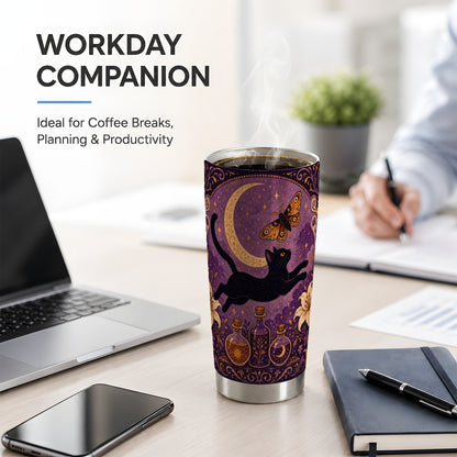 #pl[20oz|Steel] Witchy Black Cat 20oz Tumbler, Celestial Moon Moth Art for Cat Fans