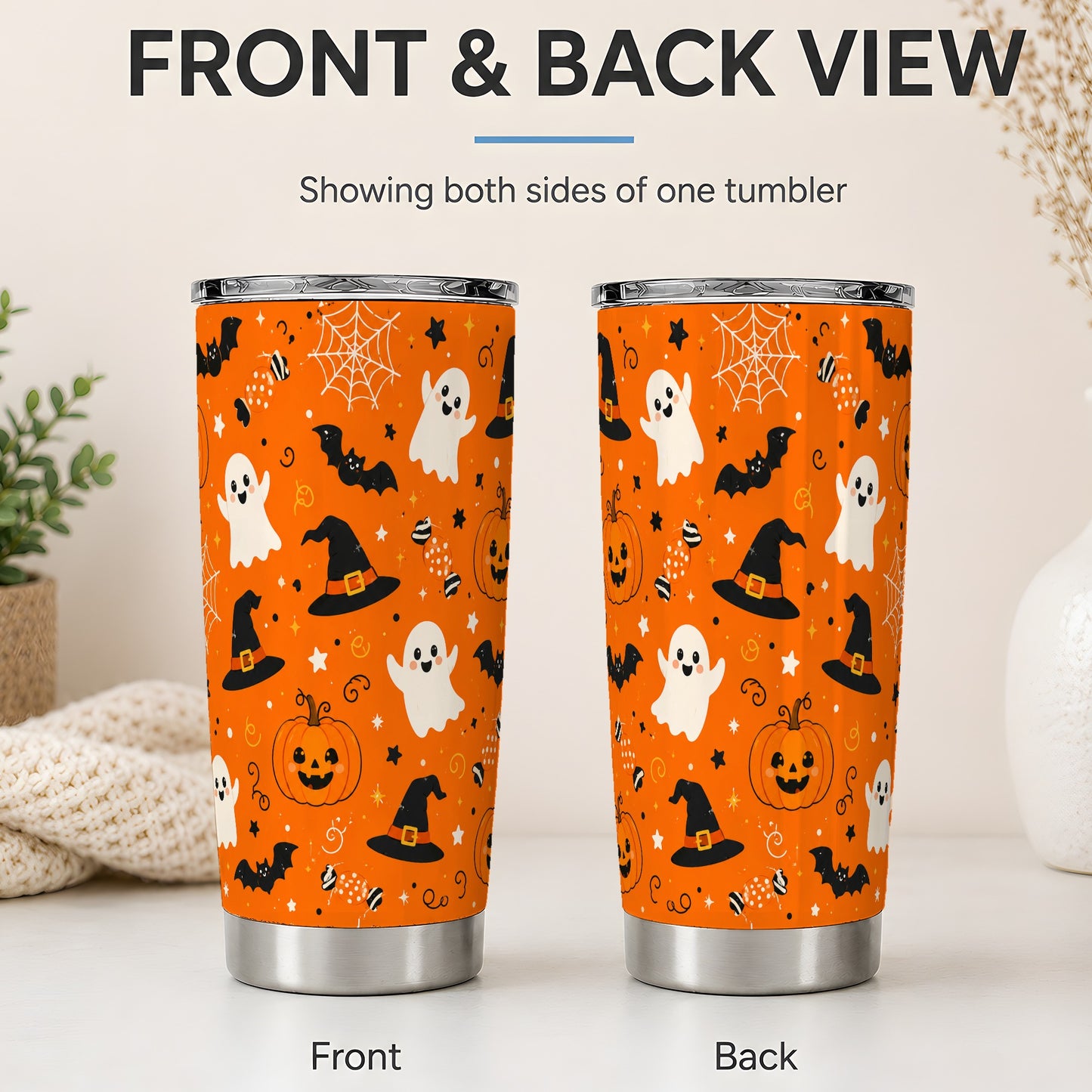 #pl[20oz|Steel] Cute Halloween 20oz Tumbler, Ghost Pumpkin Bat Pattern for Fall Fans