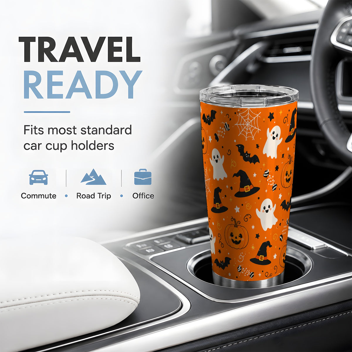 #pl[20oz|Steel] Cute Halloween 20oz Tumbler, Ghost Pumpkin Bat Pattern for Fall Fans