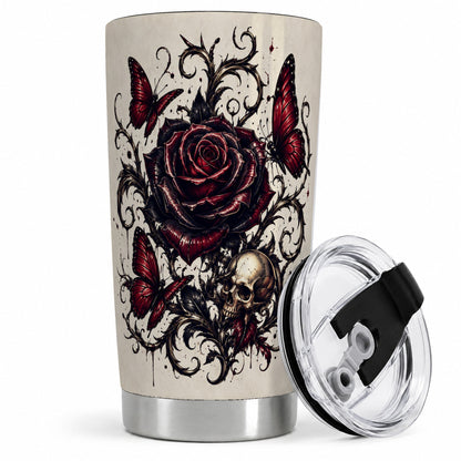 Gothic Rose Skull 20oz Tumbler, Red Butterfly Floral Art for Goth Fans