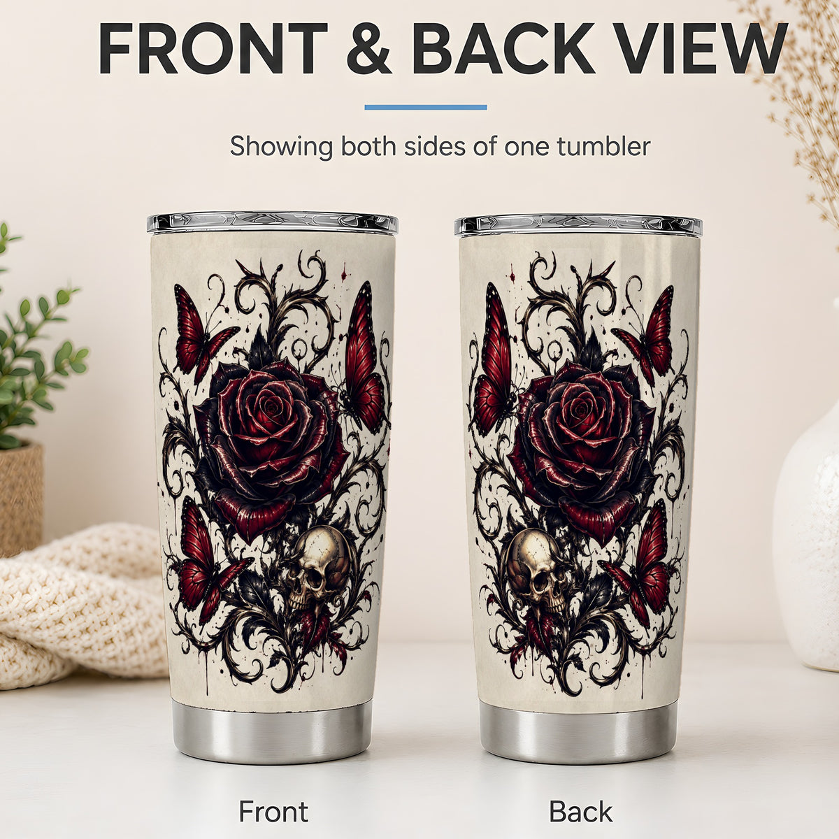 #pl[20oz|Steel] Gothic Rose Skull 20oz Tumbler, Red Butterfly Floral Art for Goth Fans
