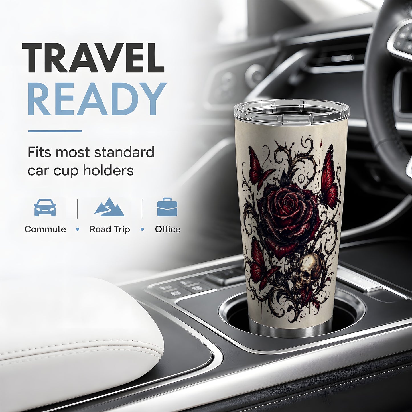 #pl[20oz|Steel] Gothic Rose Skull 20oz Tumbler, Red Butterfly Floral Art for Goth Fans