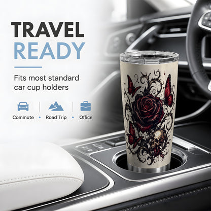#pl[20oz|Steel] Gothic Rose Skull 20oz Tumbler, Red Butterfly Floral Art for Goth Fans
