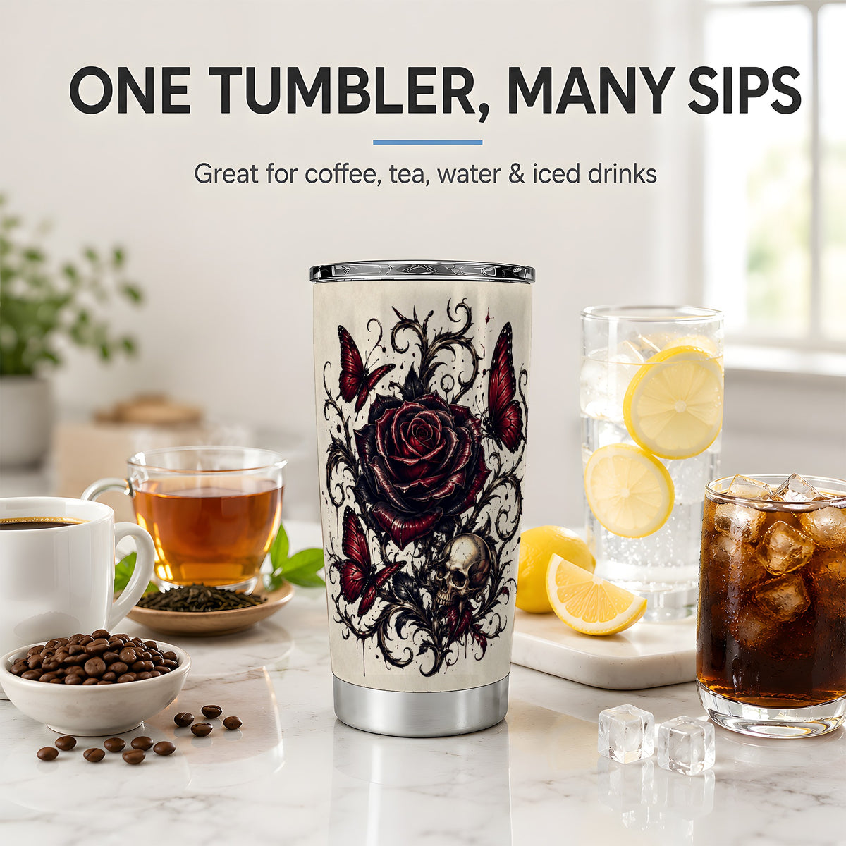 #pl[20oz|Steel] Gothic Rose Skull 20oz Tumbler, Red Butterfly Floral Art for Goth Fans