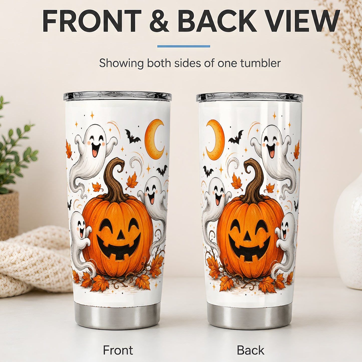 #pl[20oz|Steel] Cute Pumpkin Ghost 20oz Tumbler, Halloween Art for Autumn Season Fans