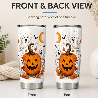 #pl[20oz|Steel] Cute Pumpkin Ghost 20oz Tumbler, Halloween Art for Autumn Season Fans