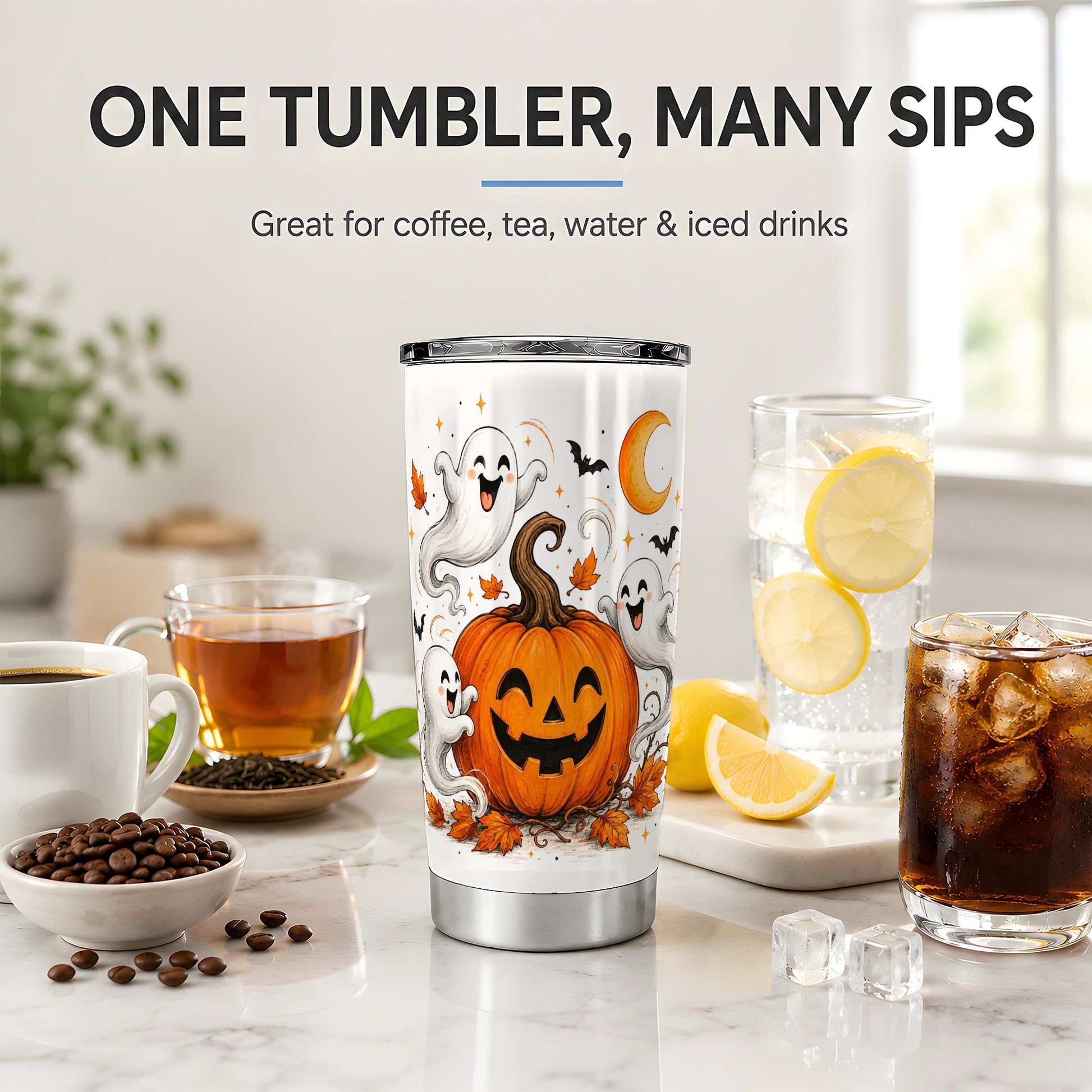 #pl[20oz|Steel] Cute Pumpkin Ghost 20oz Tumbler, Halloween Art for Autumn Season Fans
