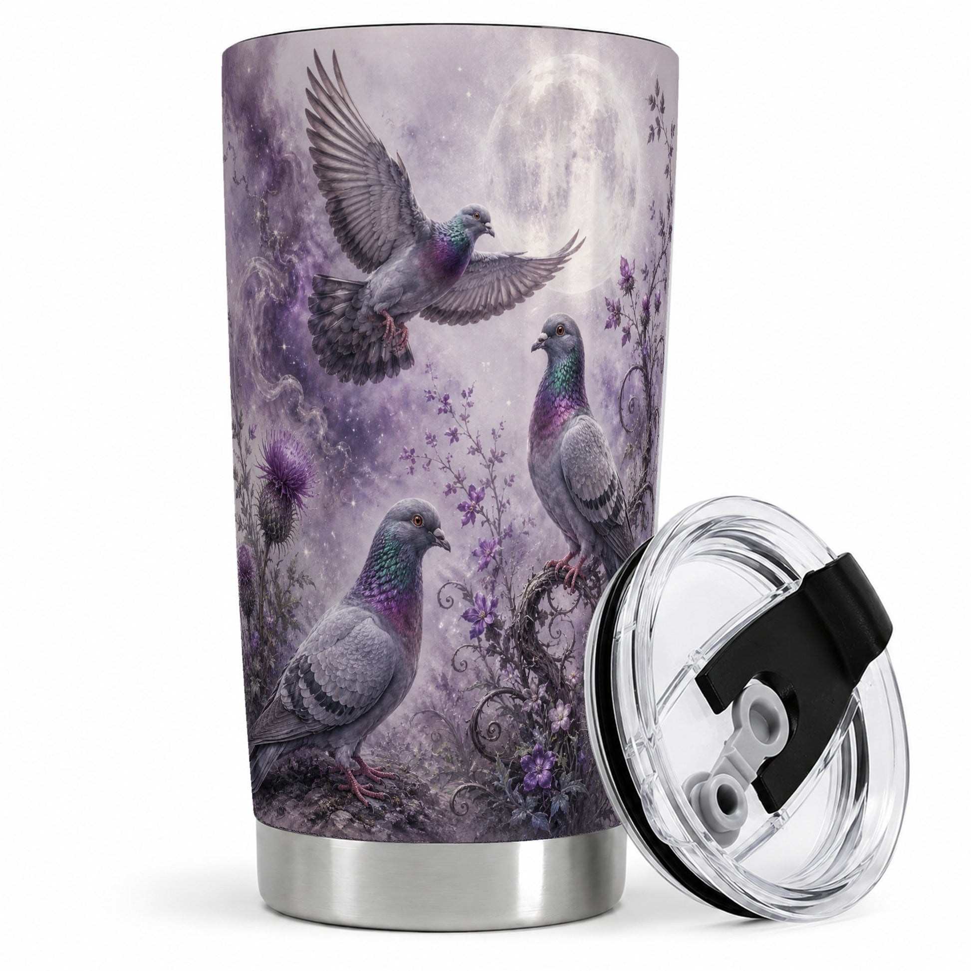 Purple Pigeon 20oz Tumbler, Moonlit Floral Bird Art for Bird Fans