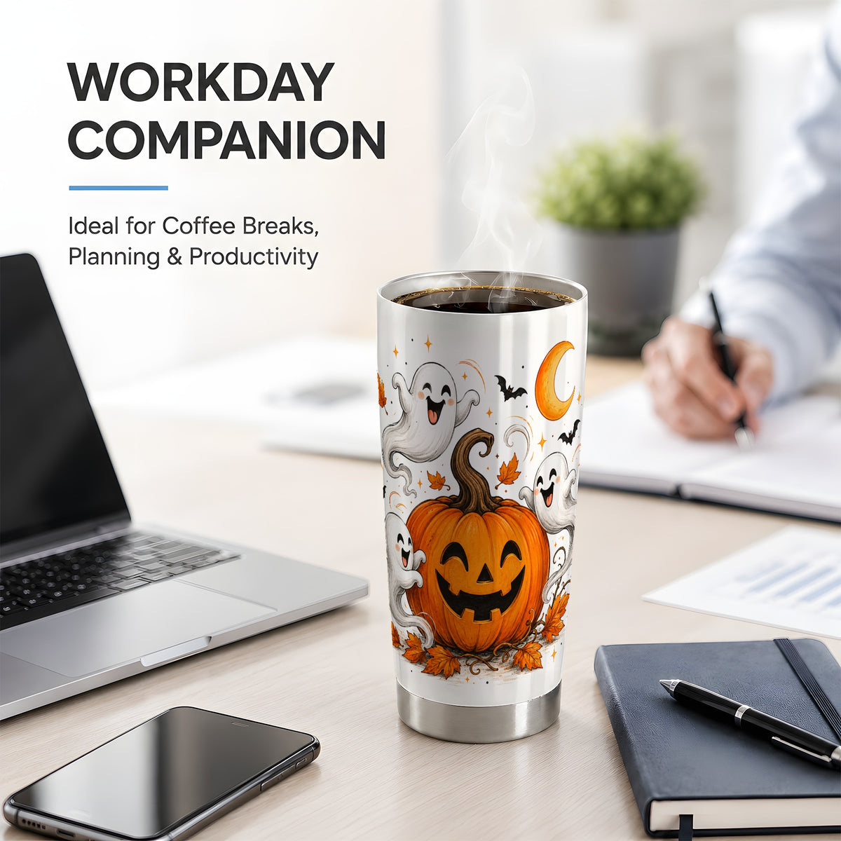 #pl[20oz|Steel] Cute Pumpkin Ghost 20oz Tumbler, Halloween Art for Autumn Season Fans
