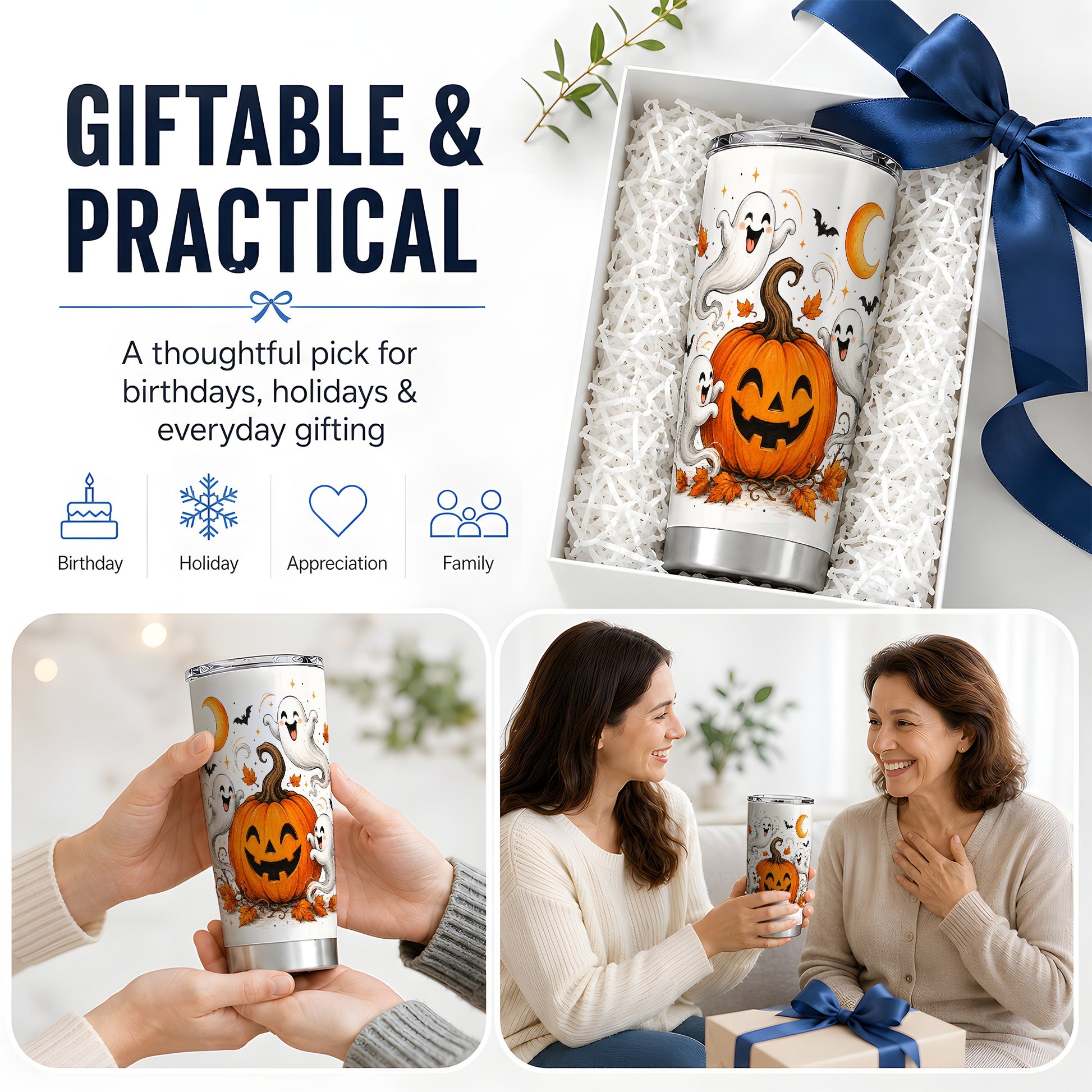 #pl[20oz|Steel] Cute Pumpkin Ghost 20oz Tumbler, Halloween Art for Autumn Season Fans