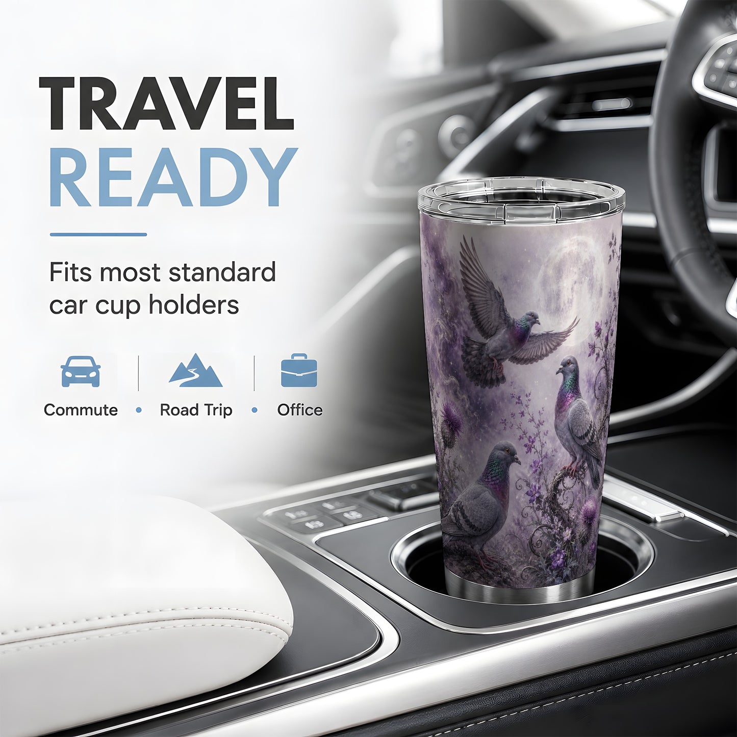 #pl[20oz|Steel] Purple Pigeon 20oz Tumbler, Moonlit Floral Bird Art for Bird Fans