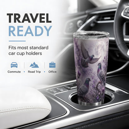 #pl[20oz|Steel] Purple Pigeon 20oz Tumbler, Moonlit Floral Bird Art for Bird Fans