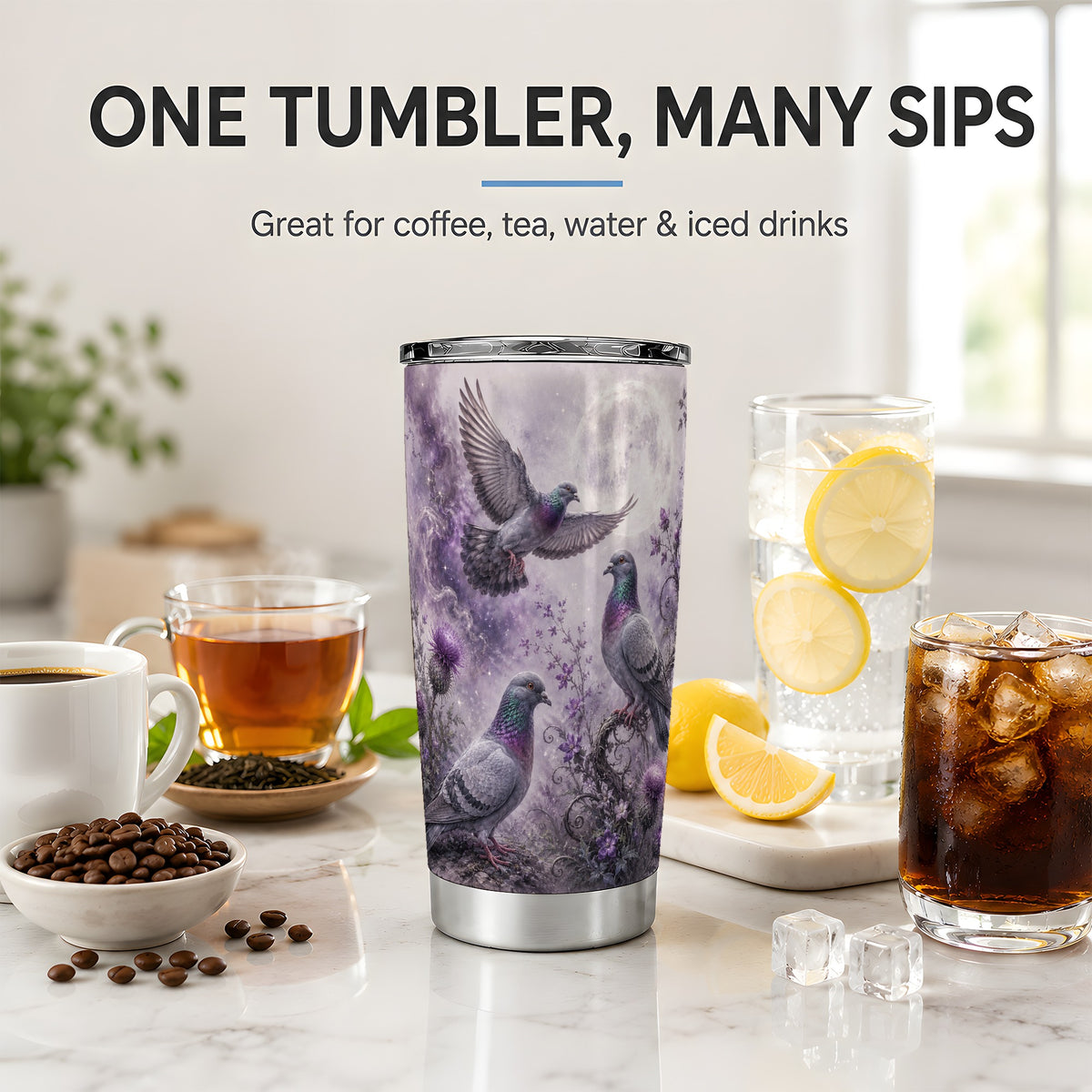 #pl[20oz|Steel] Purple Pigeon 20oz Tumbler, Moonlit Floral Bird Art for Bird Fans