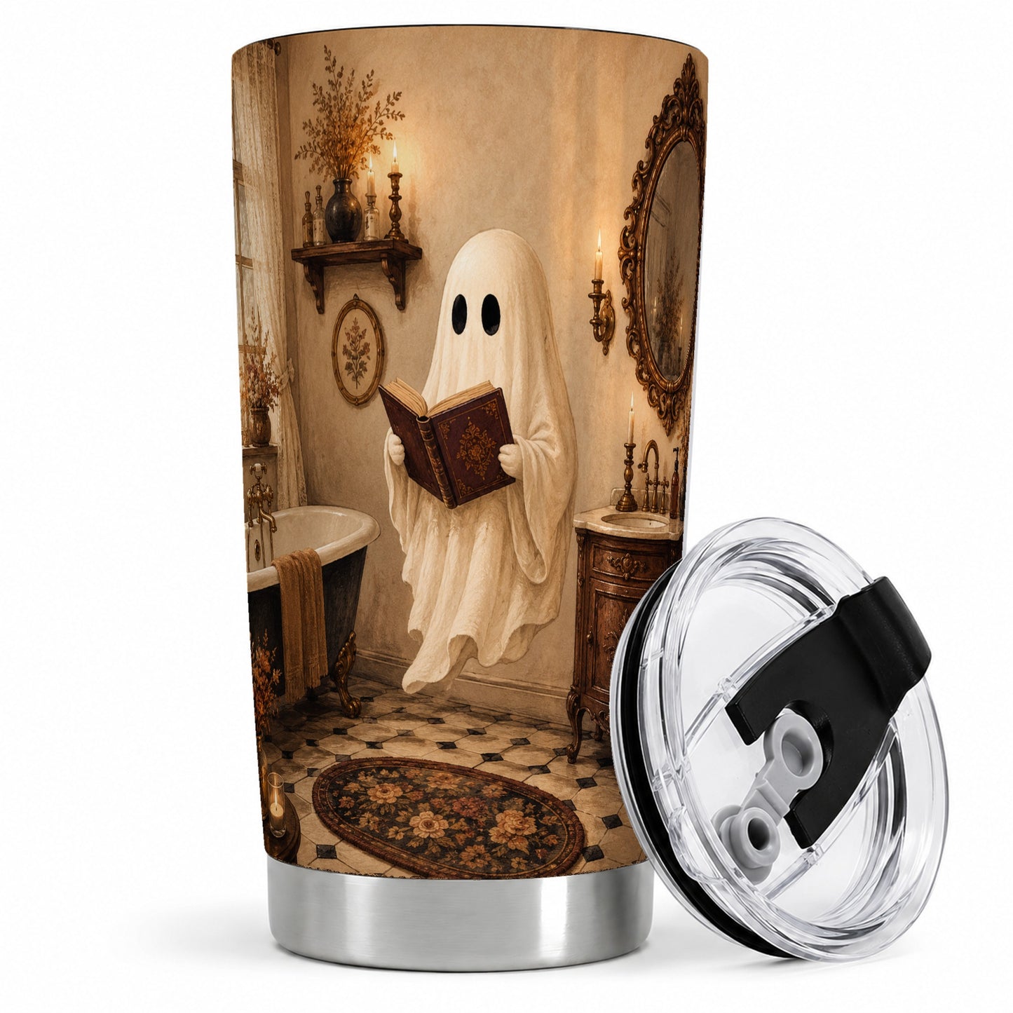 Reading Ghost 20oz Tumbler, Vintage Bathroom Halloween Art for Readers