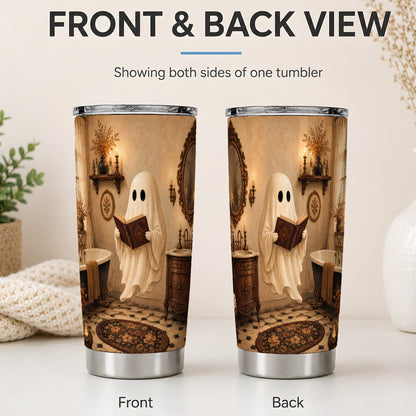 #pl[20oz|Steel] Reading Ghost 20oz Tumbler, Vintage Bathroom Halloween Art for Readers