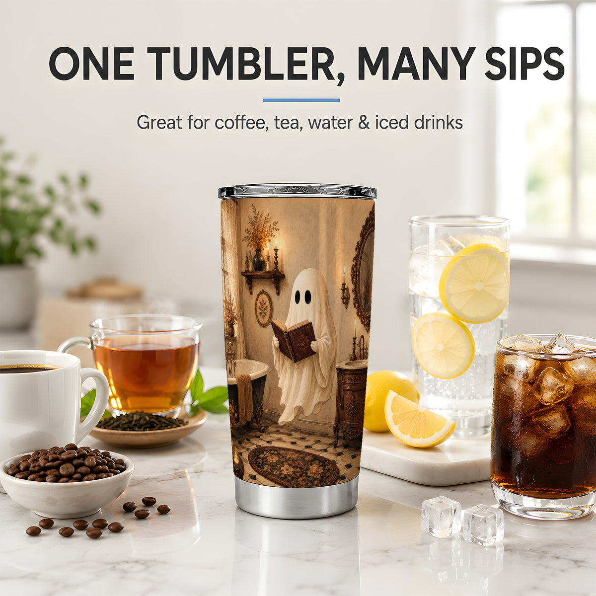 #pl[20oz|Steel] Reading Ghost 20oz Tumbler, Vintage Bathroom Halloween Art for Readers