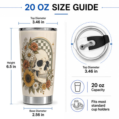 #pl[20oz|Steel] Floral Skull 20oz Tumbler, Sunflower Daisy Retro Art for Skull Fans