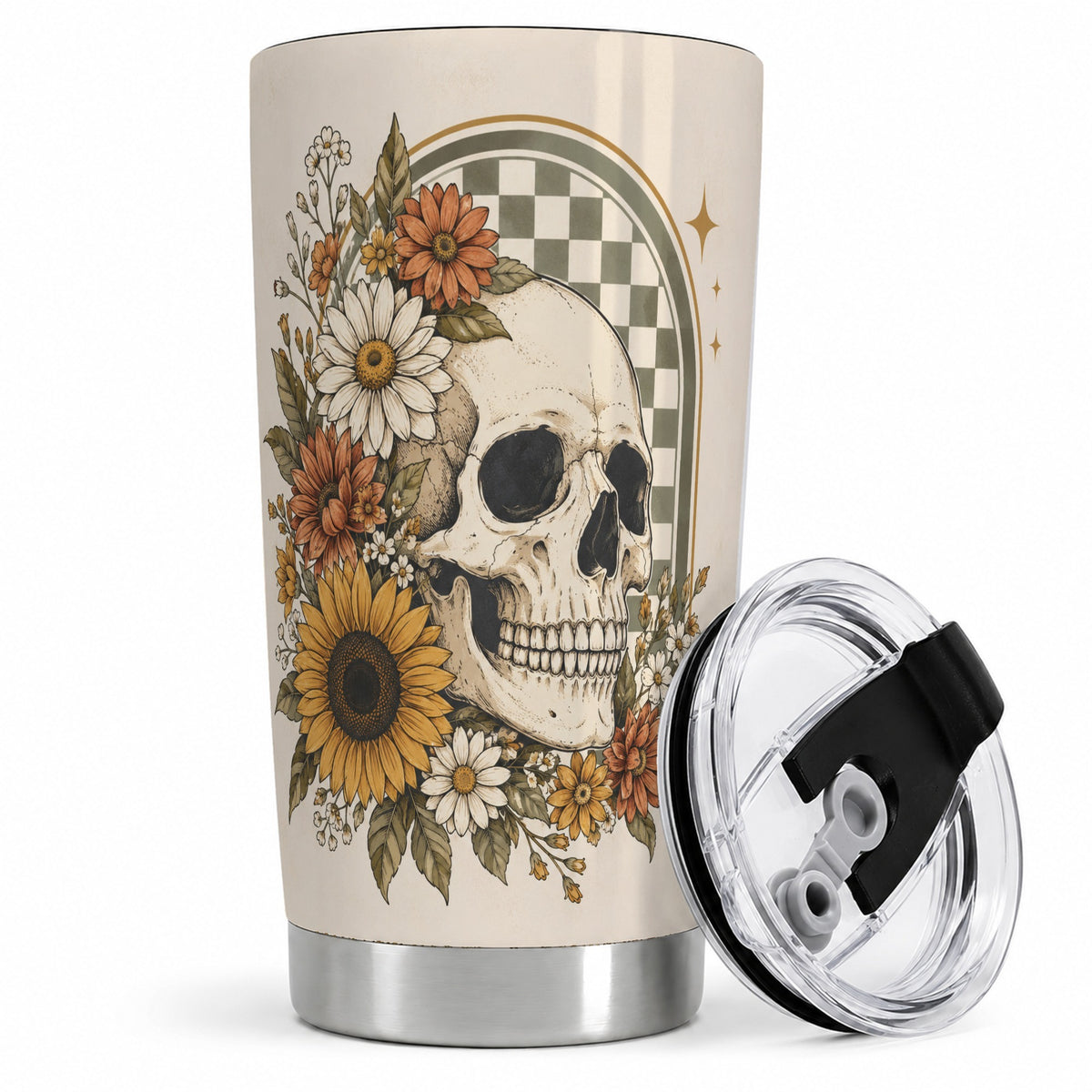 Floral Skull 20oz Tumbler, Sunflower Daisy Retro Art for Skull Fans