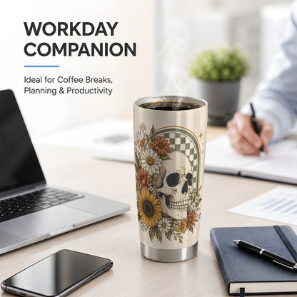 #pl[20oz|Steel] Floral Skull 20oz Tumbler, Sunflower Daisy Retro Art for Skull Fans