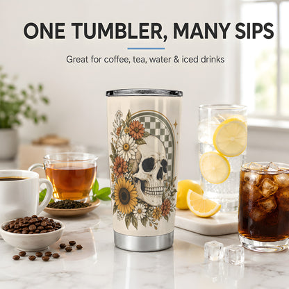 #pl[20oz|Steel] Floral Skull 20oz Tumbler, Sunflower Daisy Retro Art for Skull Fans