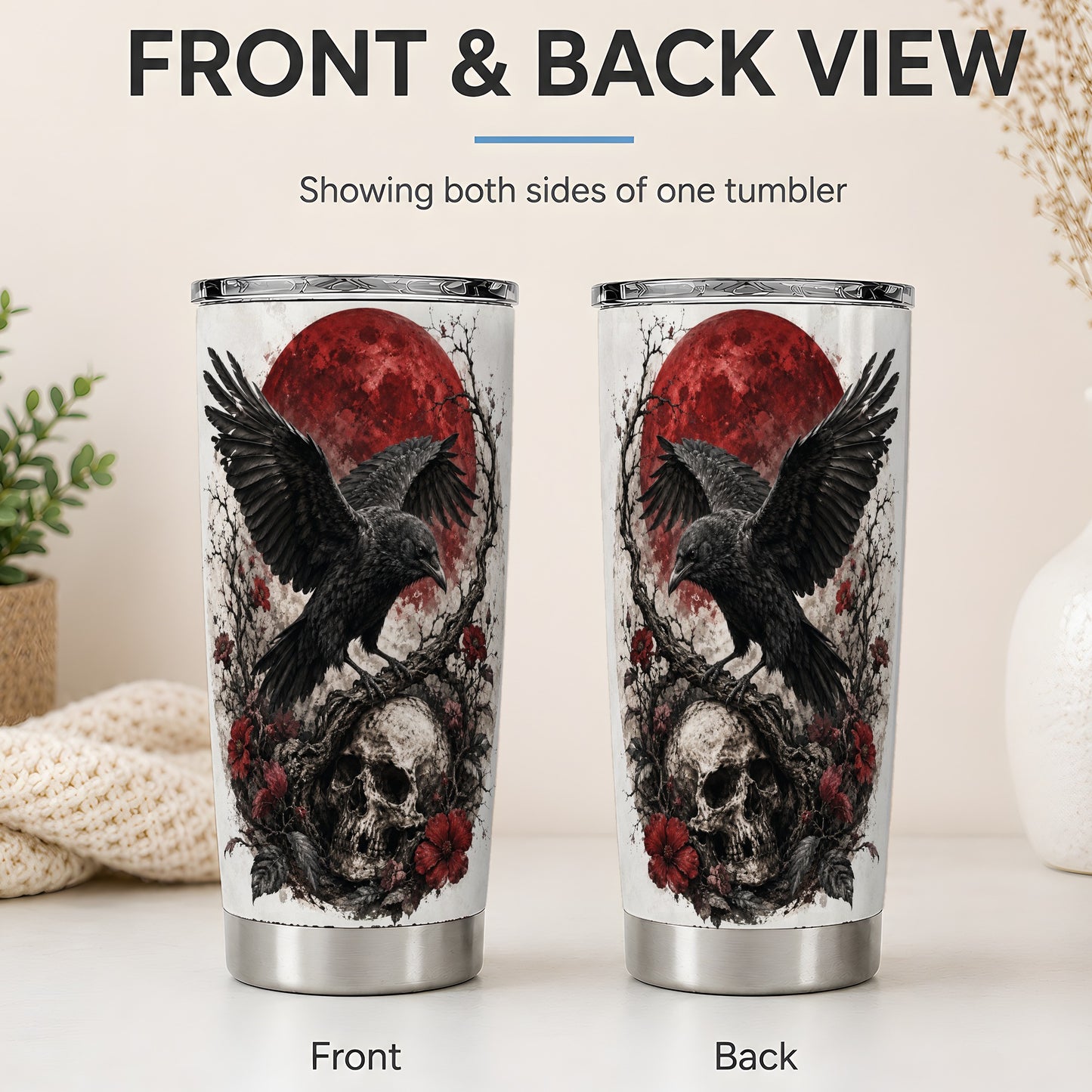 #pl[20oz|Steel] Raven Skull 20oz Tumbler, Red Moon Gothic Floral Art for Raven Fans