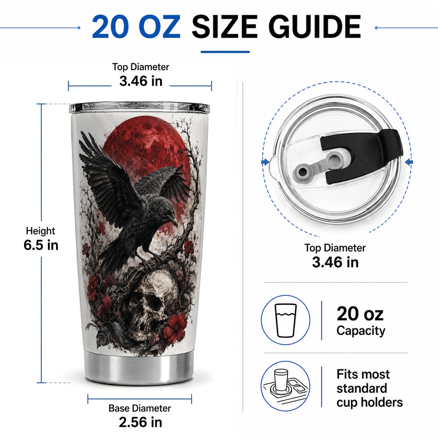 #pl[20oz|Steel] Raven Skull 20oz Tumbler, Red Moon Gothic Floral Art for Raven Fans