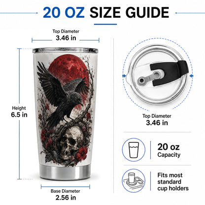 #pl[20oz|Steel] Raven Skull 20oz Tumbler, Red Moon Gothic Floral Art for Raven Fans