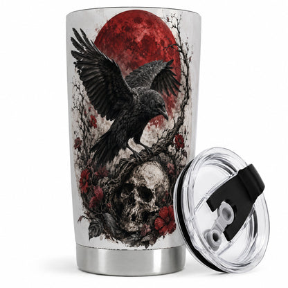 Raven Skull 20oz Tumbler, Red Moon Gothic Floral Art for Raven Fans