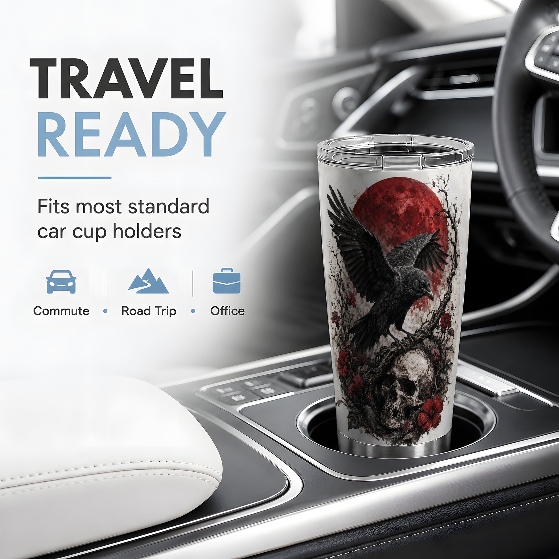 #pl[20oz|Steel] Raven Skull 20oz Tumbler, Red Moon Gothic Floral Art for Raven Fans