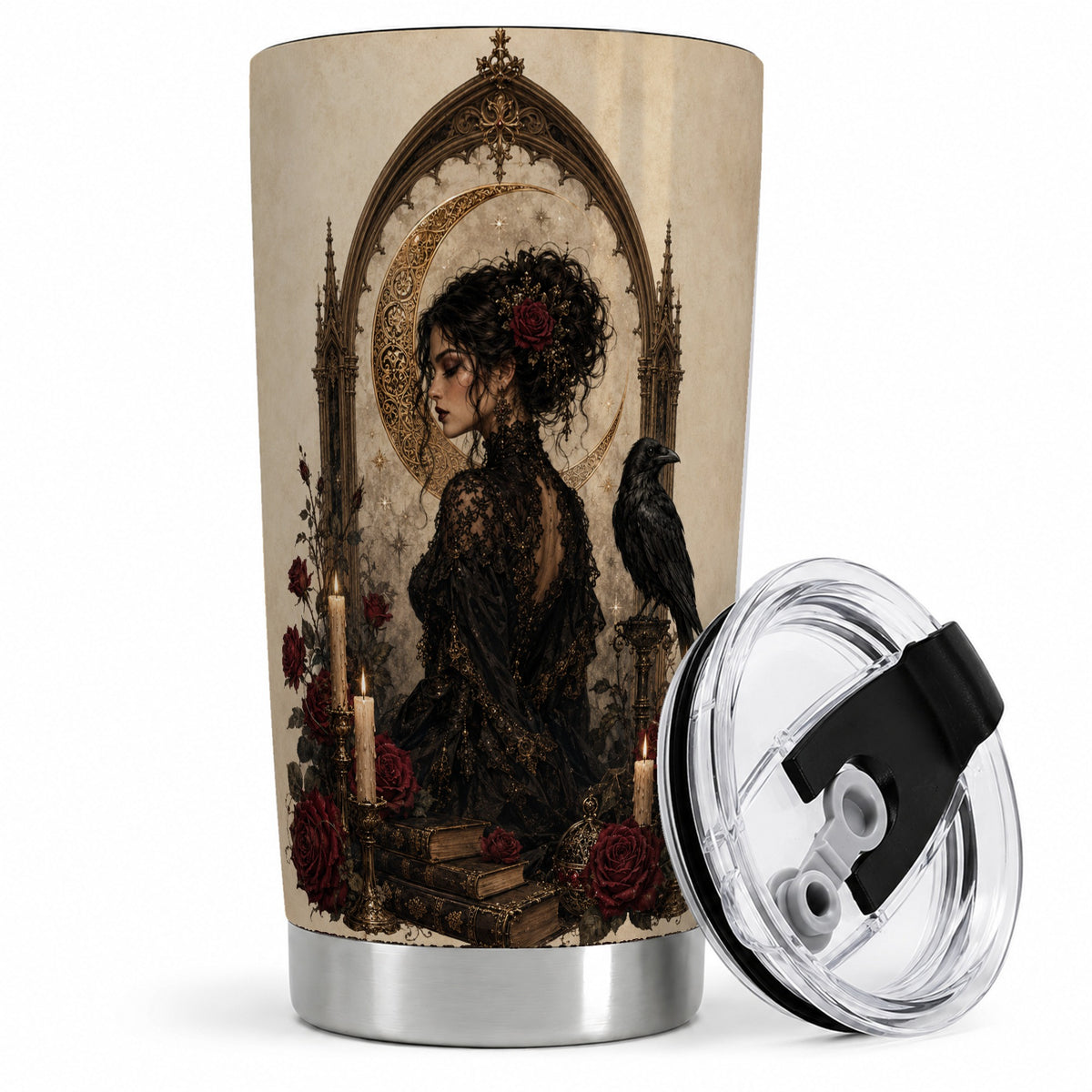 Gothic Raven Lady 20oz Tumbler, Moon Rose Art for Dark Romance Fans