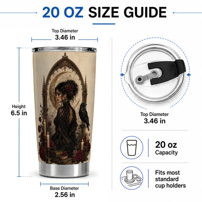 #pl[20oz|Steel] Gothic Raven Lady 20oz Tumbler, Moon Rose Art for Dark Romance Fans