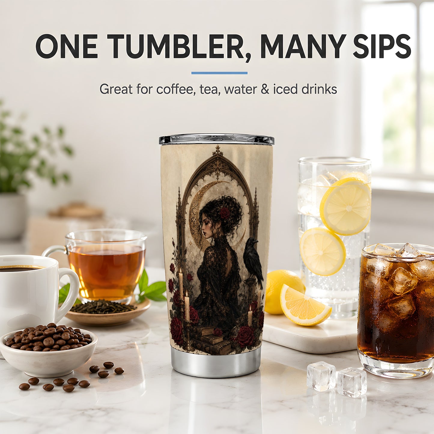#pl[20oz|Steel] Gothic Raven Lady 20oz Tumbler, Moon Rose Art for Dark Romance Fans