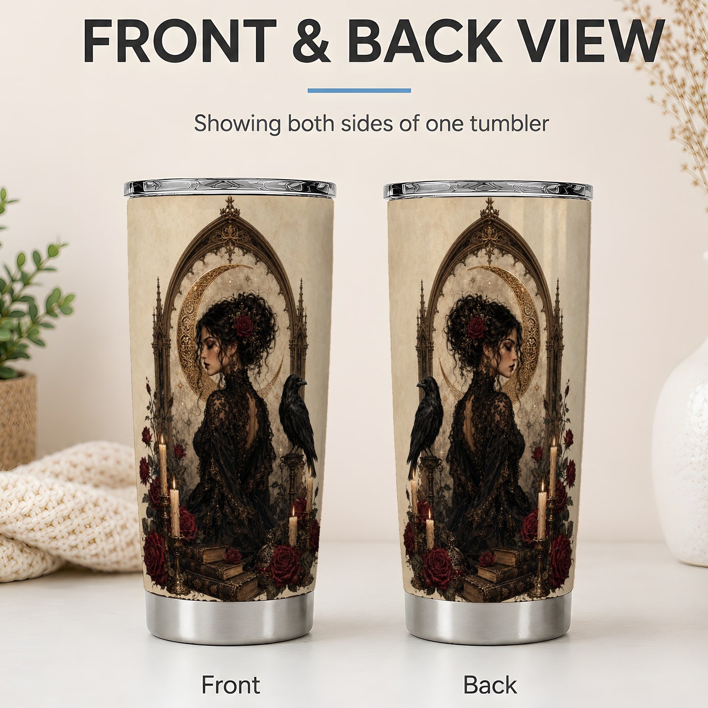 #pl[20oz|Steel] Gothic Raven Lady 20oz Tumbler, Moon Rose Art for Dark Romance Fans