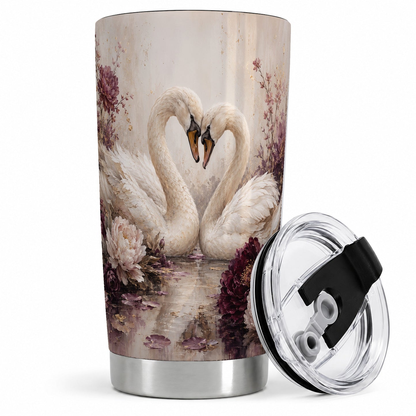 Romantic Swans 20oz Tumbler, Floral Water Art for Romantic Decor Fans