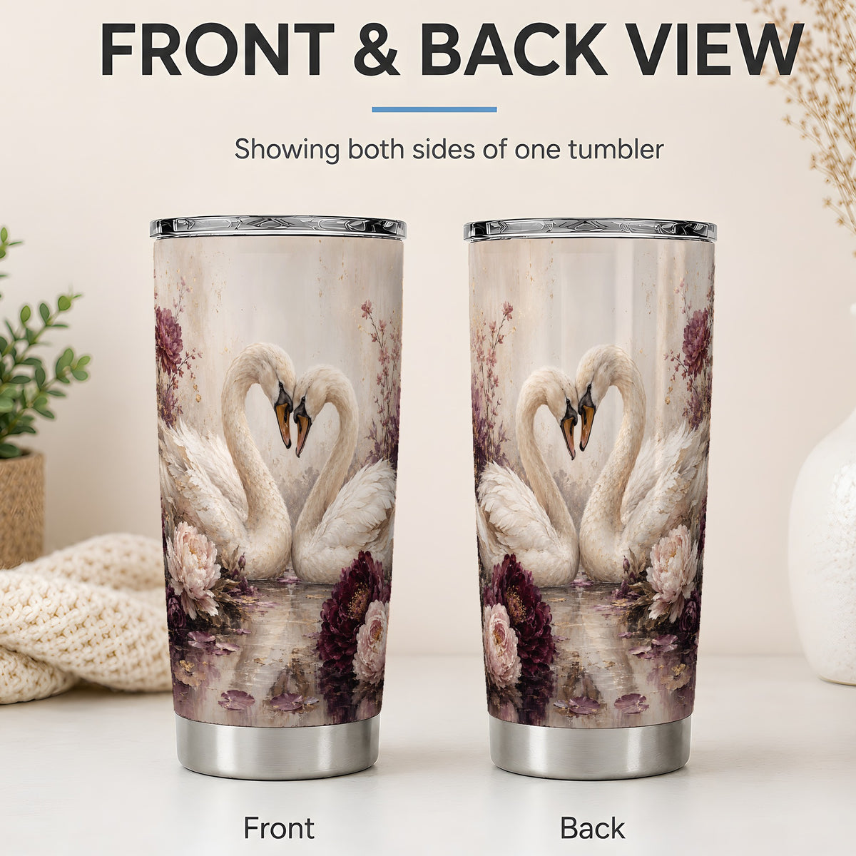 #pl[20oz|Steel] Romantic Swans 20oz Tumbler, Floral Water Art for Romantic Decor Fans