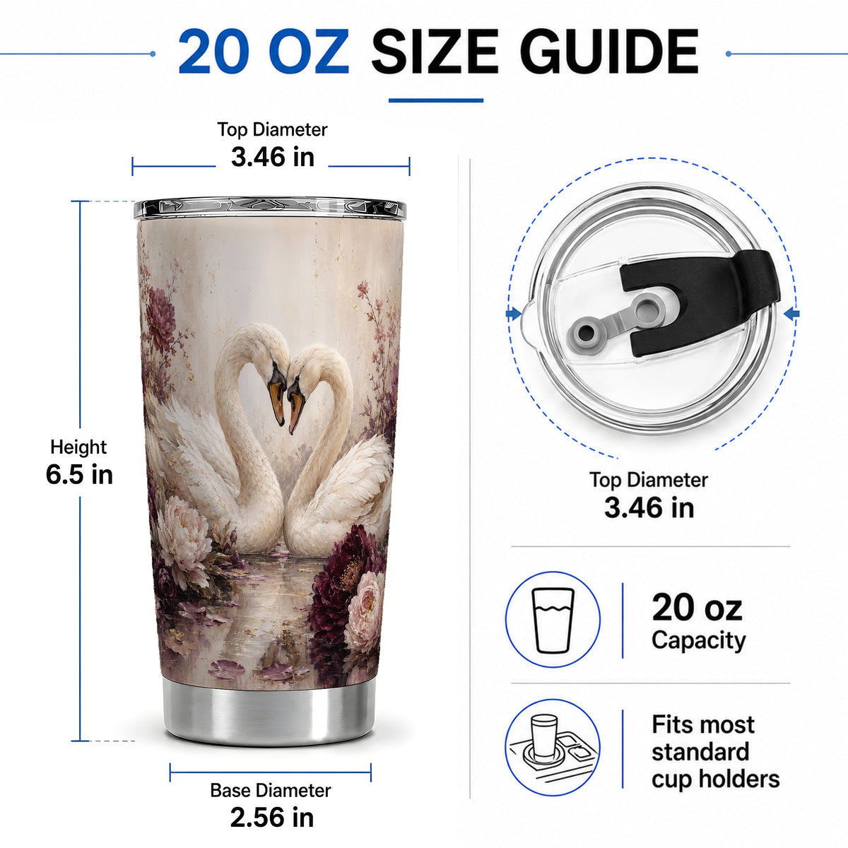 #pl[20oz|Steel] Romantic Swans 20oz Tumbler, Floral Water Art for Romantic Decor Fans