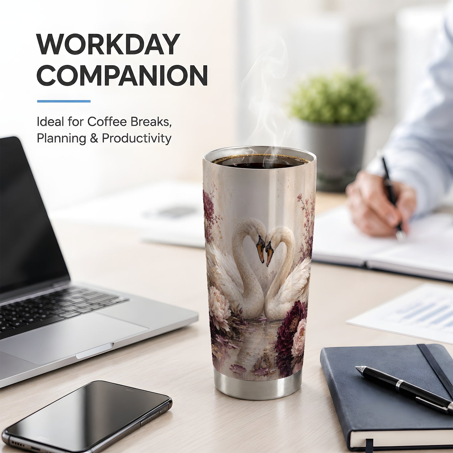 #pl[20oz|Steel] Romantic Swans 20oz Tumbler, Floral Water Art for Romantic Decor Fans
