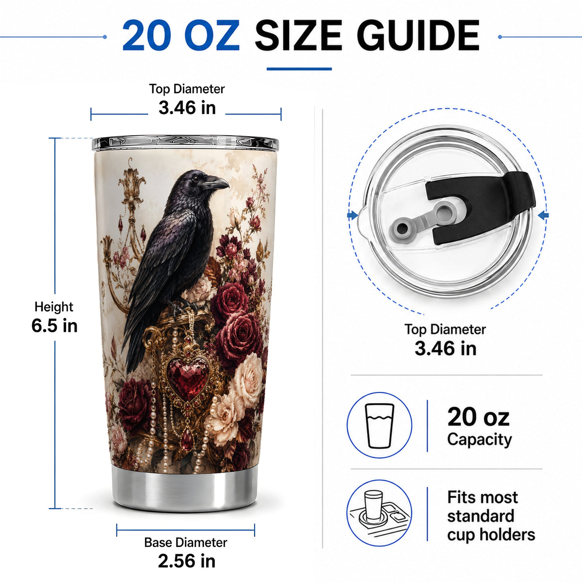 #pl[20oz|Steel] Gothic Raven Tumbler, 20oz Stainless Steel Tumbler with Rose Artwork