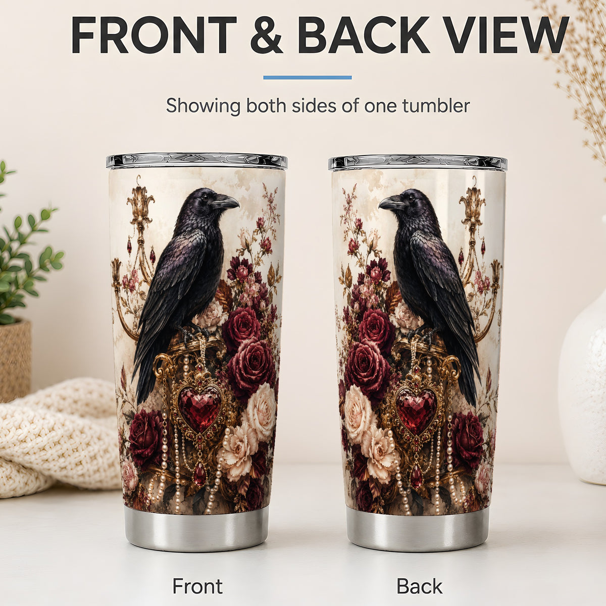 #pl[20oz|Steel] Gothic Raven Tumbler, 20oz Stainless Steel Tumbler with Rose Artwork